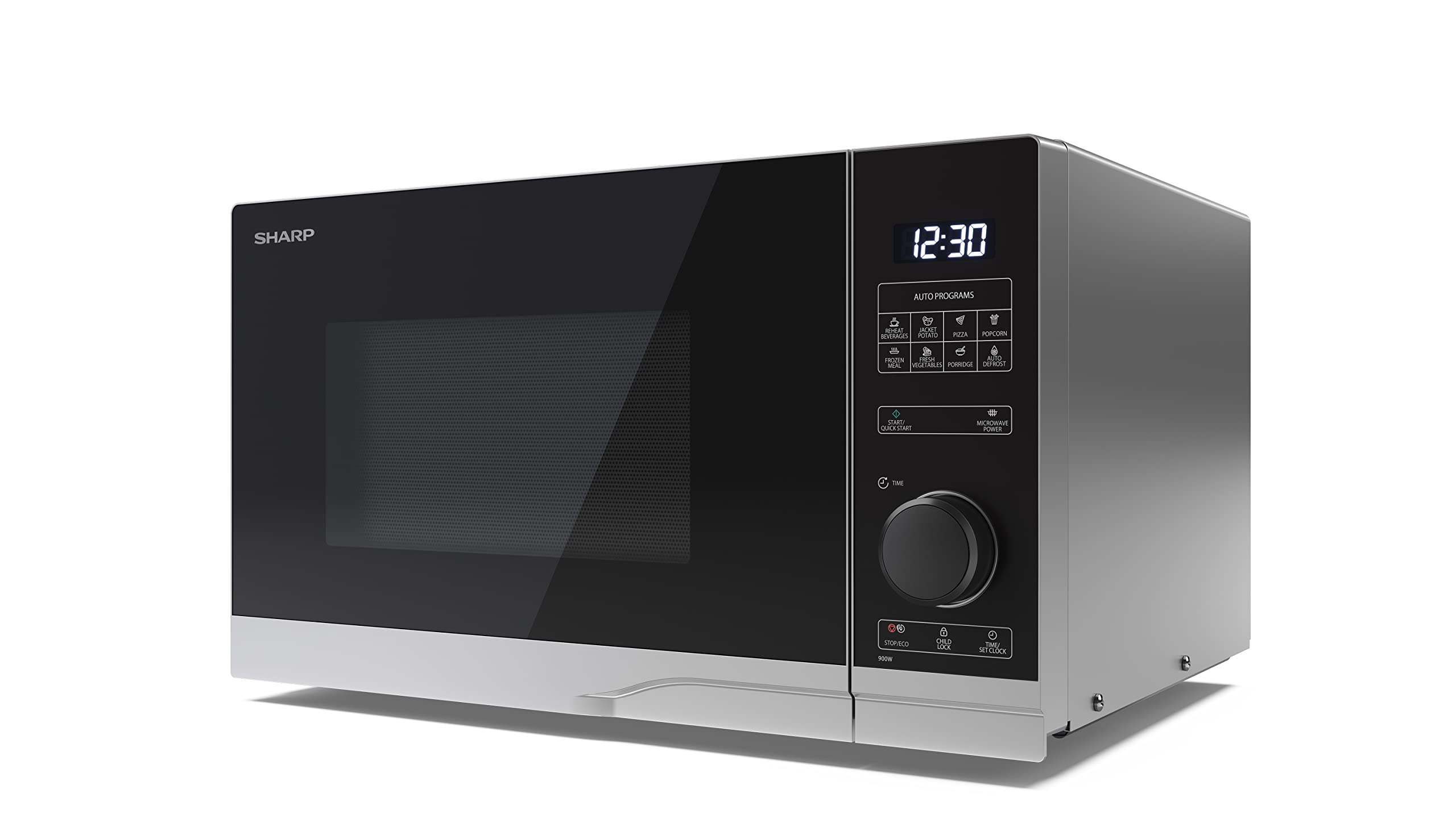Sharp 25L Digital Microwave 900W – 10 Power Levels & ECO Mode, Silver