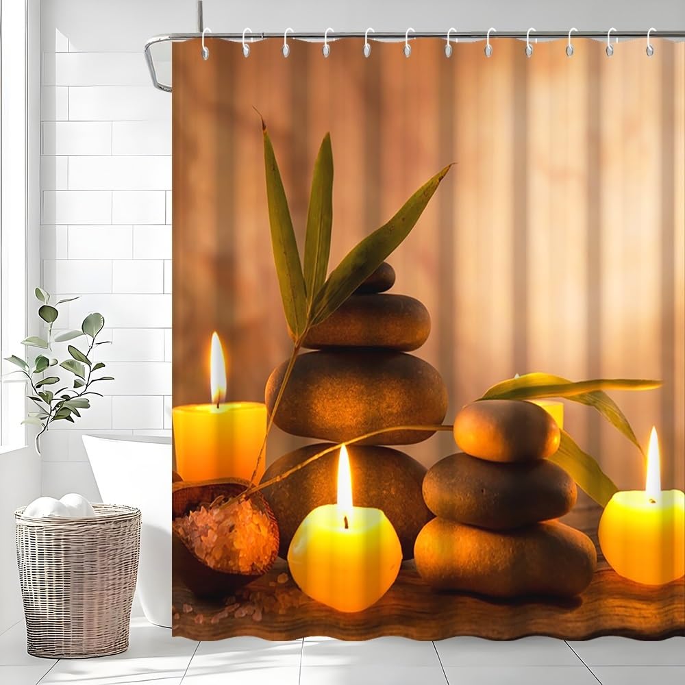 Uiiooazy Zen Shower Curtain | Green Bamboo & Spa Pebble Waterproof Fabric