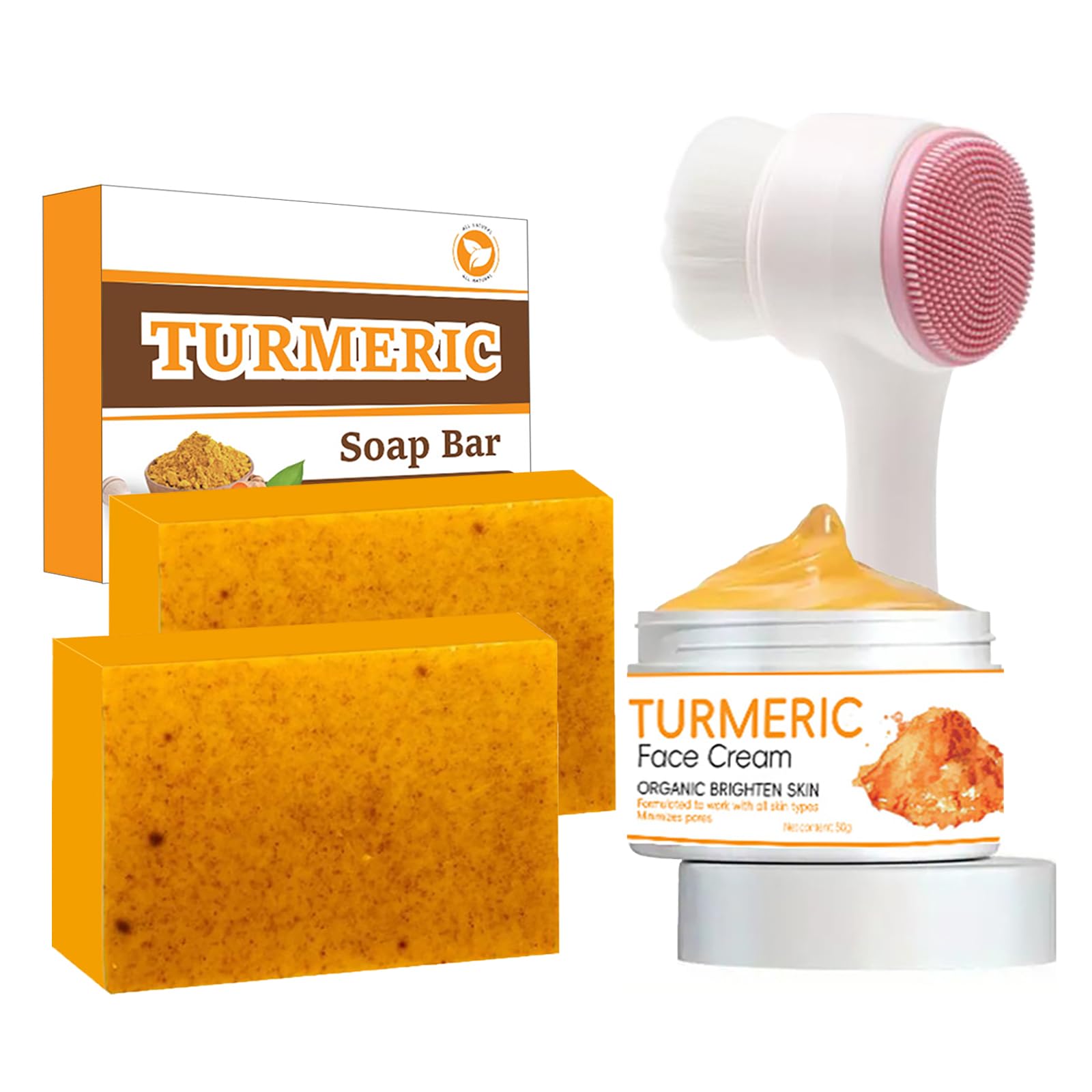 Turmeric Skincare Set - 2 Soap Bars, Cream & Brush for Dark Spots
