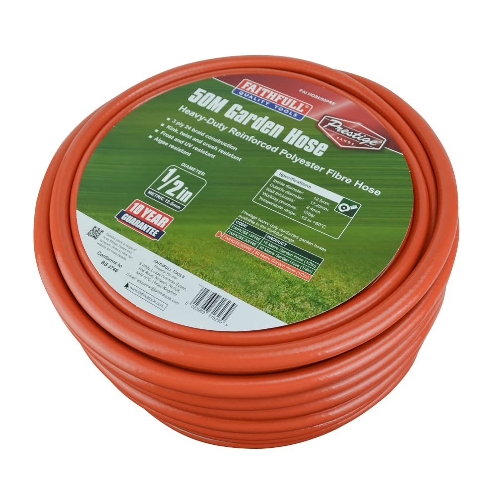Faithfull Prestige 50m Heavy-Duty Reinforced Garden Hose | 1/2" Orange