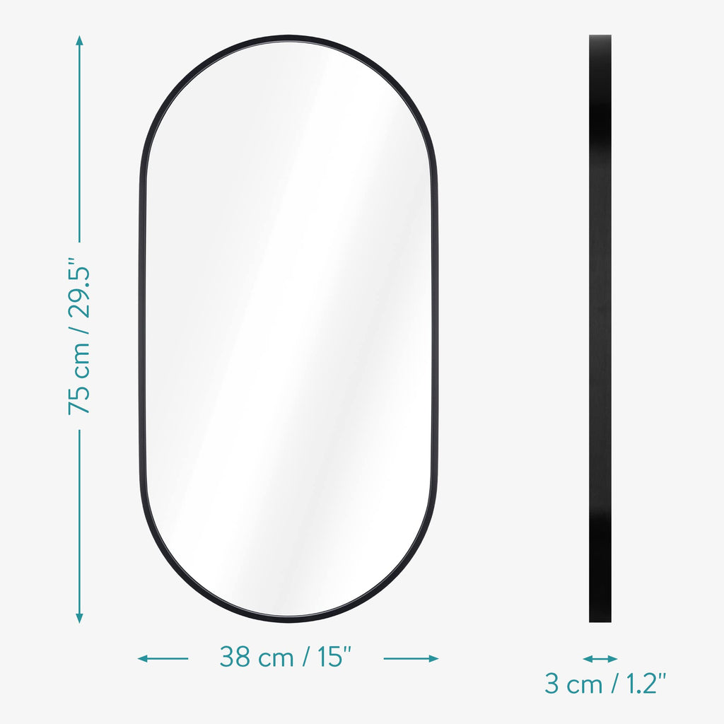 Navaris Oval Wall Mirror – Black Rustproof Aluminium Frame – 75x38cm