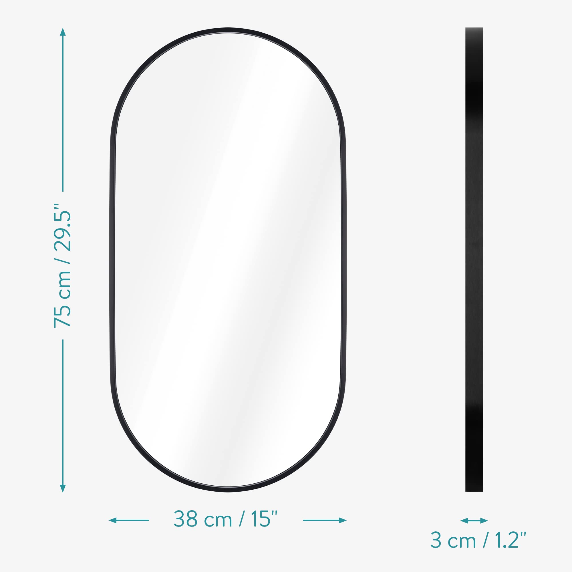 Navaris Oval Wall Mirror – Black Rustproof Aluminium Frame – 75x38cm