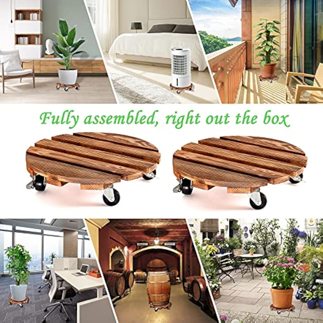 2-Pack Wooden Plant Caddy | 12" Rolling Plant Stand with Wheels