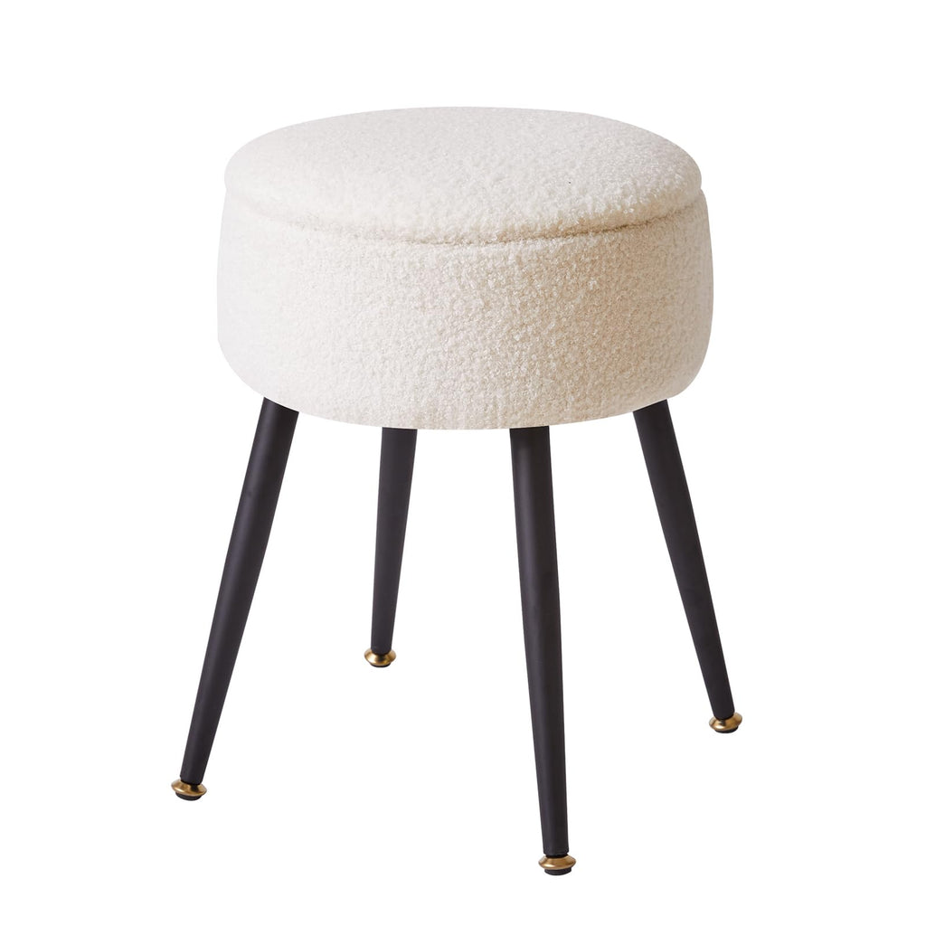 Aibiju Round Storage Vanity Stool | Faux Teddy Fur Makeup Chair with Metal Legs
