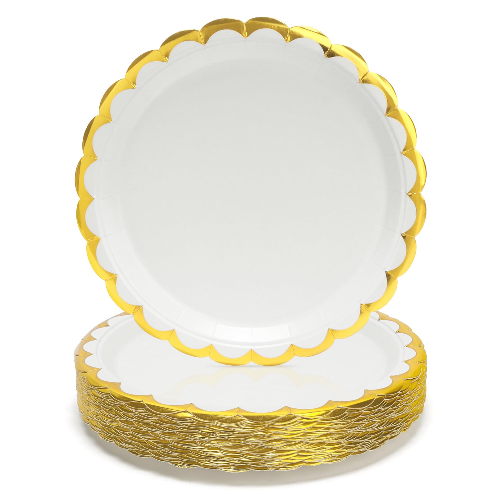 PARTY GO 50Pcs White Paper Plates - 9" Gold Foil Scalloped Party Plates