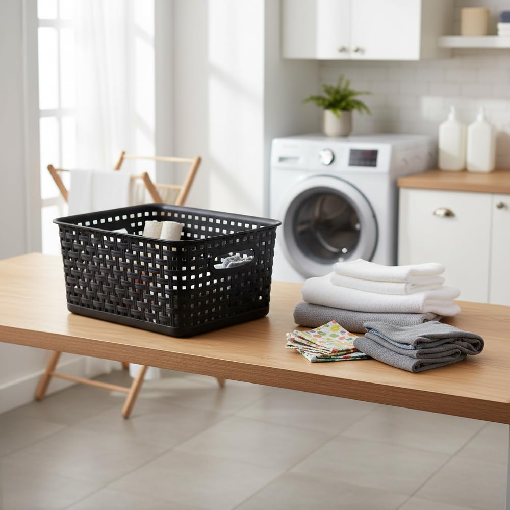 Mayish Plastic Weave Basket with Handle, Black and Grey, 6 Packs - image 4