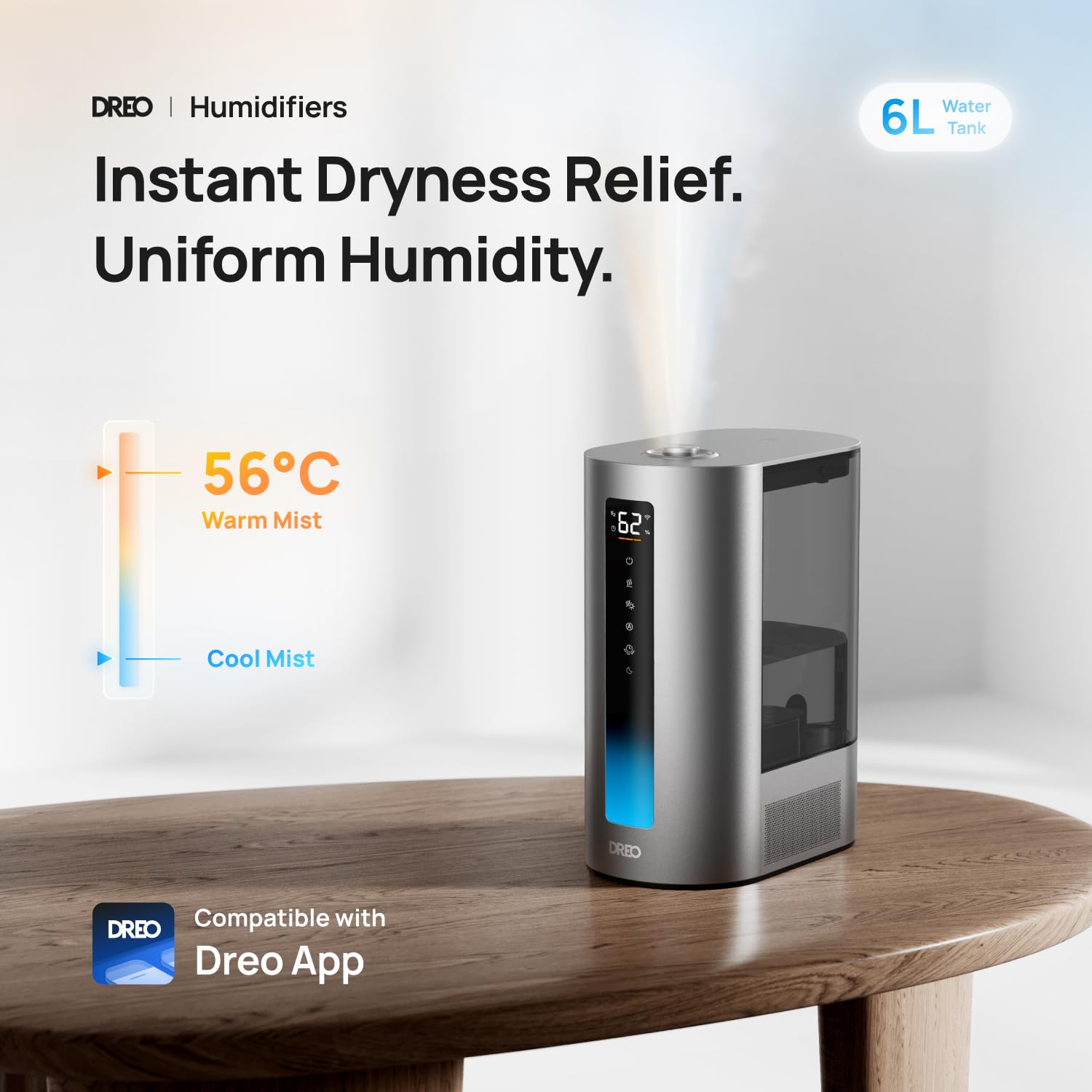 Dreo 6L Smart Humidifier – Warm & Cool Mist for Large Rooms & Bedroom