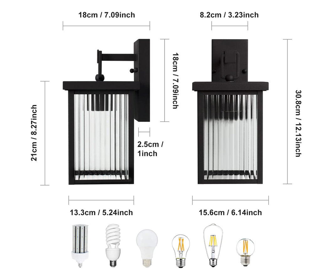 DAWALIGHT Outdoor Wall Lantern – Matte Black Metal & Ribbed Glass Sconce