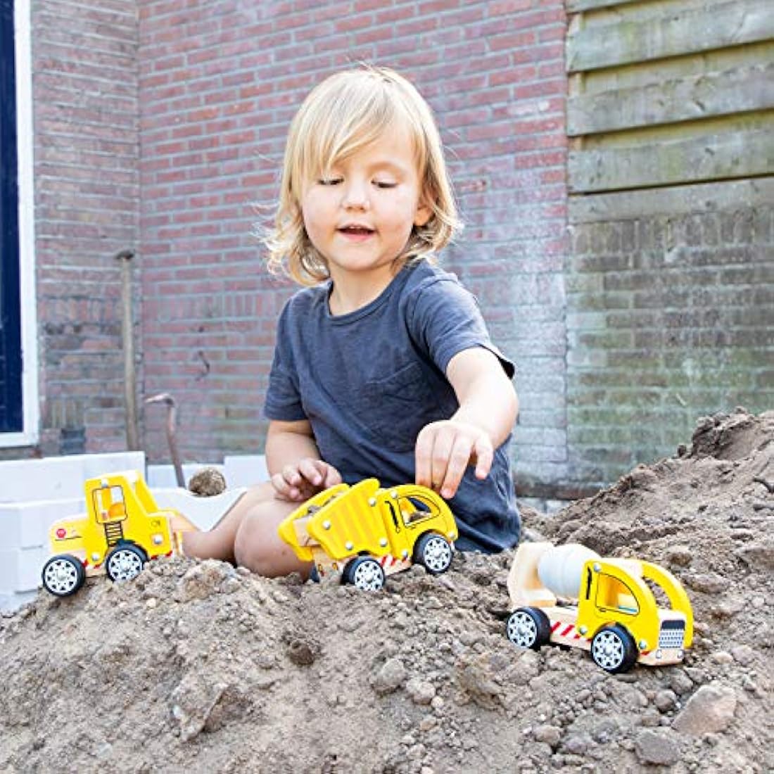 New Classic Toys Wooden Construction Vehicles Set for Toddlers – Yellow
