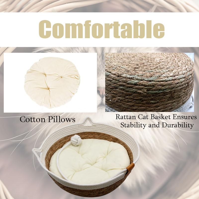 Rukuapid Rattan Cat Basket Bed – Wicker Round Pet Nest with Cotton Cushion