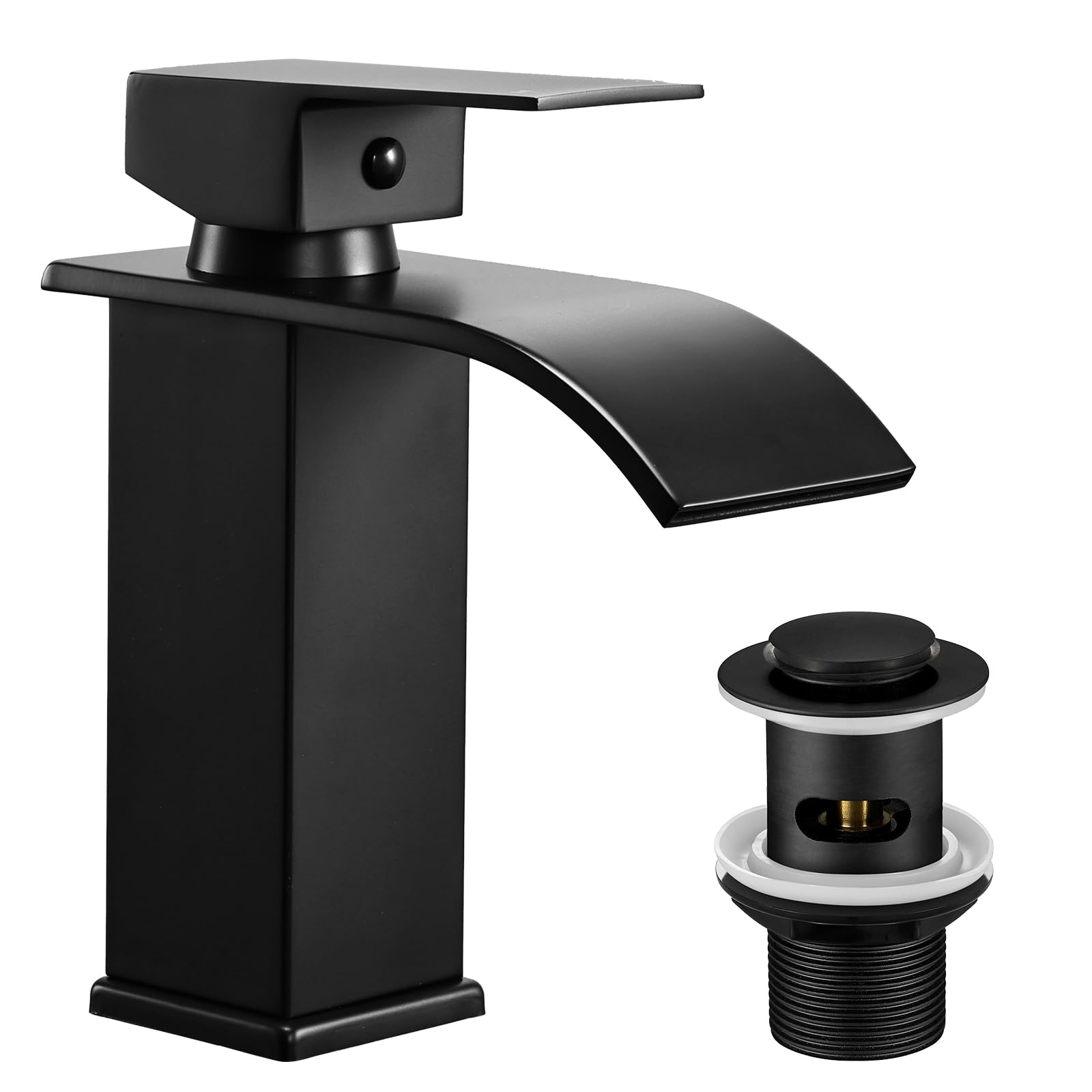 Peppermint Matte Black Waterfall Basin Mixer Tap with Pop-up Waste