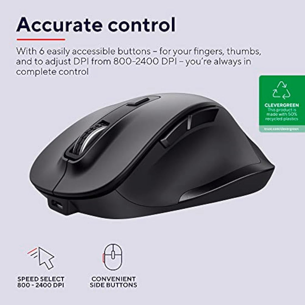 Trust Fyda Ergonomic Wireless Mouse – Rechargeable & Sustainable