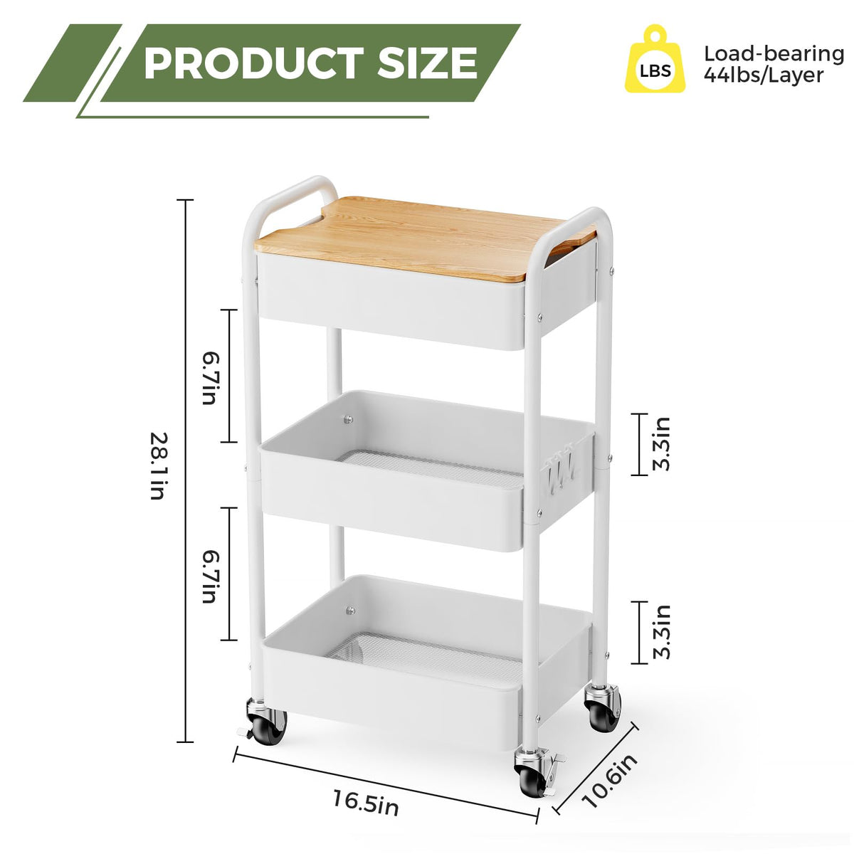 Shrivee 3-Tier Rolling Cart with Table Top, Serving Trolley, Metal Rolling Utility Trolley, Shelf on Wheels, Shelf, Organiser, Kitchen Shelf - image 4