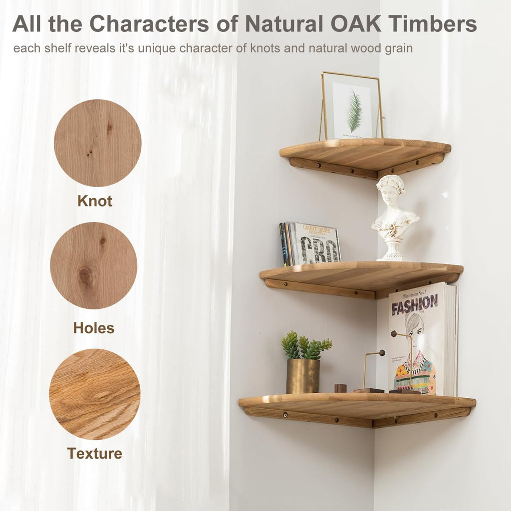 GIEANOO 16" Solid Oak Wood Floating Corner Shelf | Round Wall Mount Shelf
