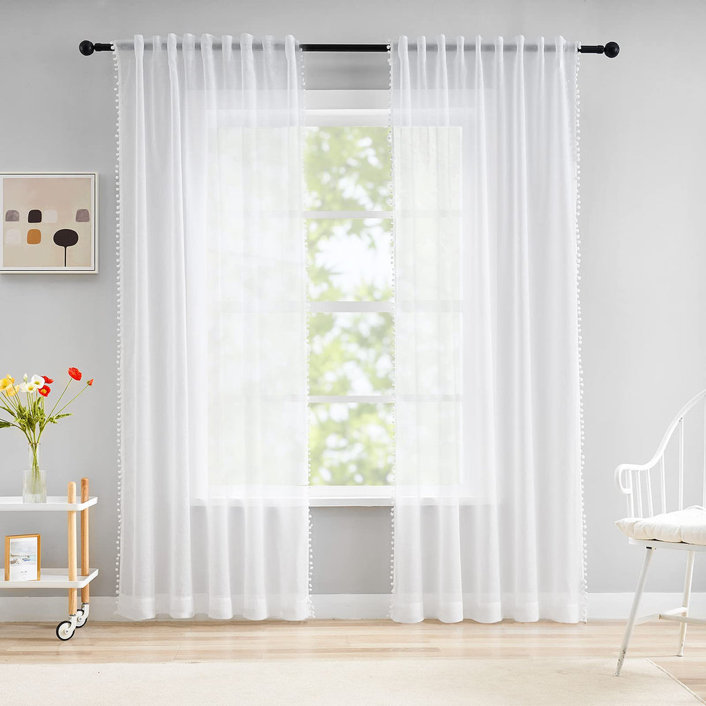 Snow White Pom Pom Sheer Curtains | Linen Look Voile - 52 x 90