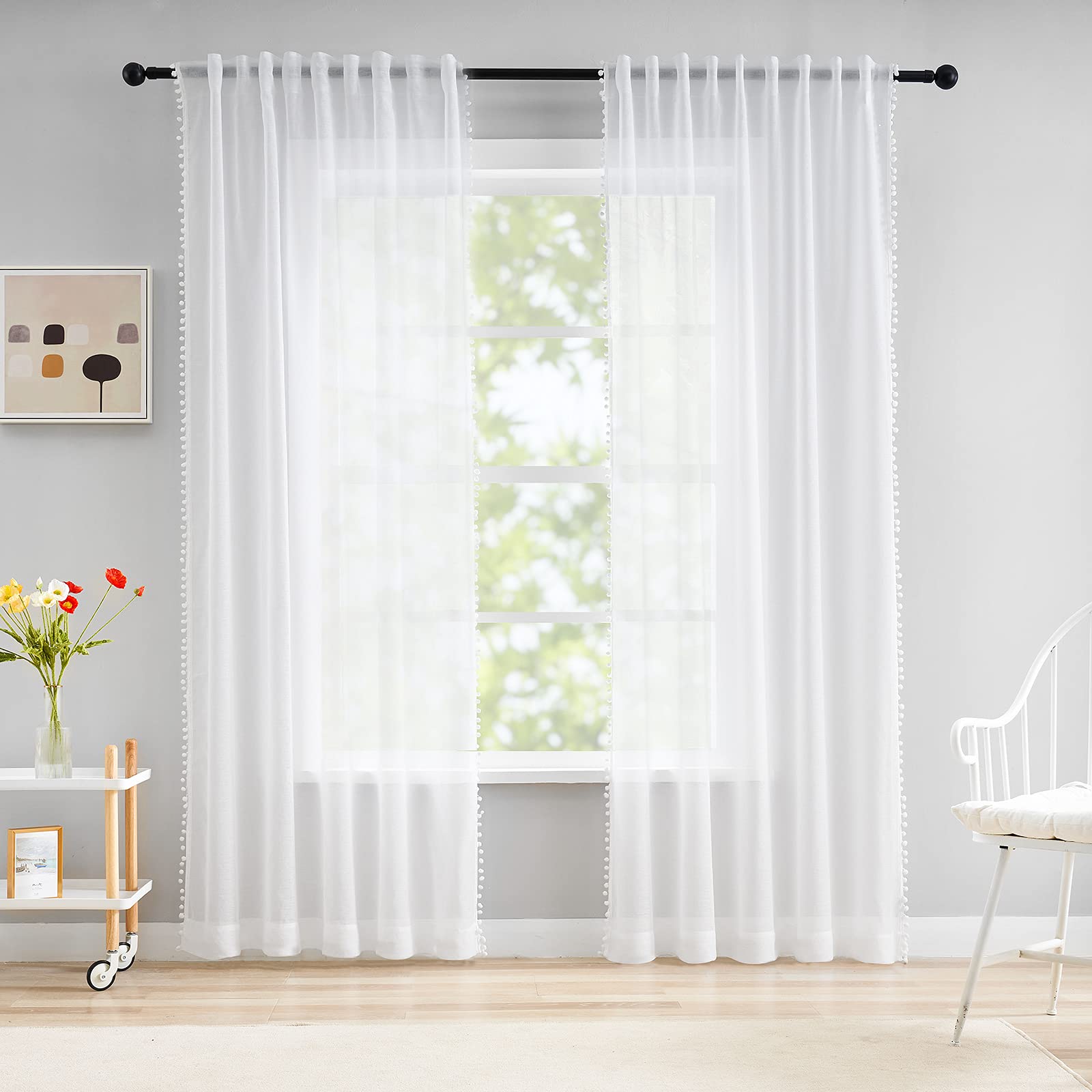 Snow White Pom Pom Sheer Curtains | Linen Look Voile - 52 x 90