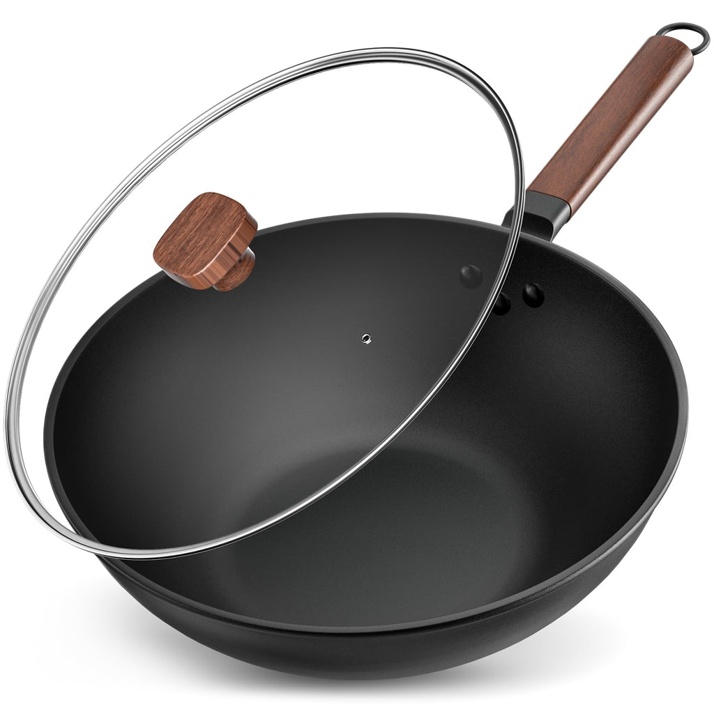 Jobin Pre-Seasoned Carbon Steel Wok with Lid – 33cm Non-Stick Stir Fry Pan