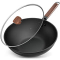 Jobin Pre-Seasoned Carbon Steel Wok with Lid – 33cm Non-Stick Stir Fry Pan