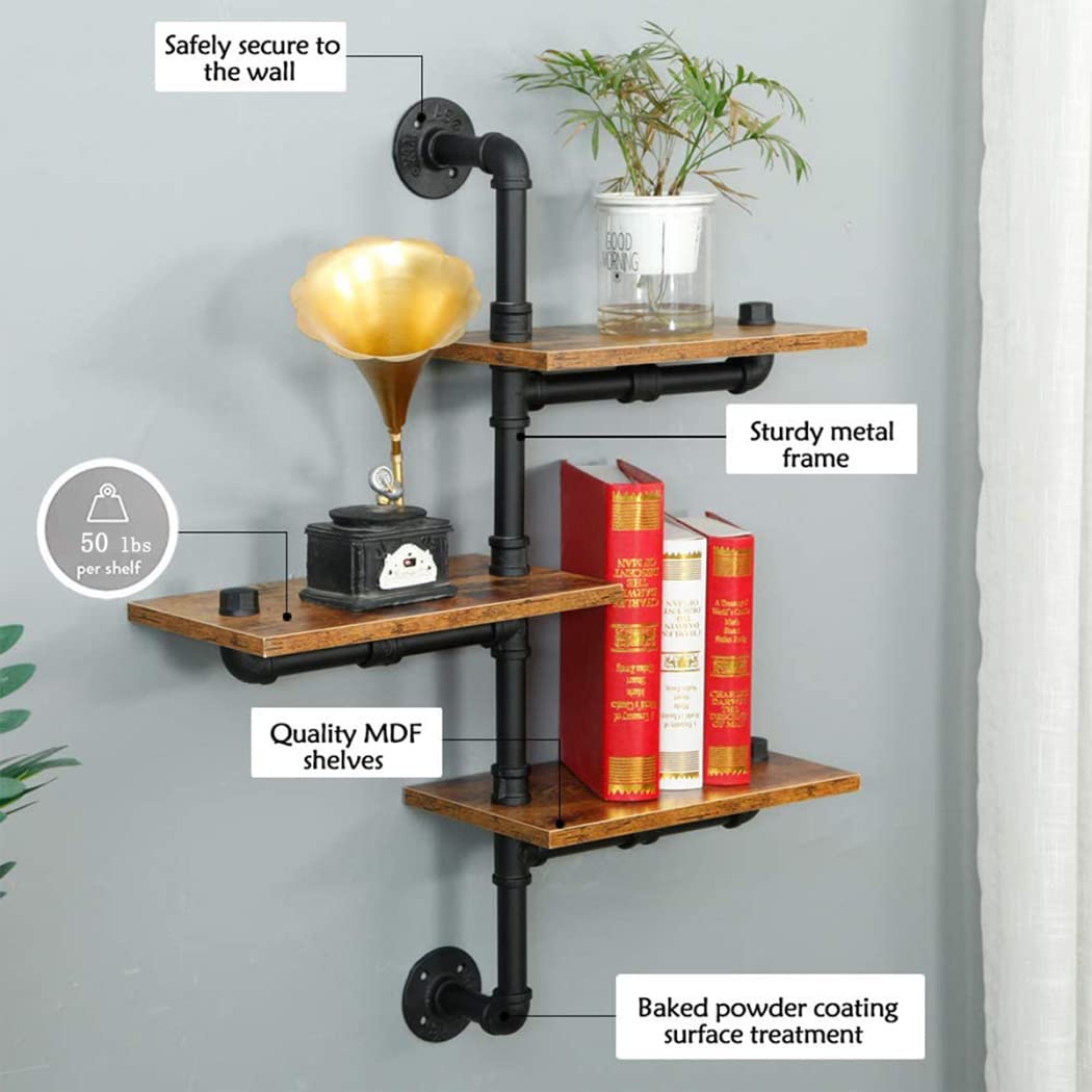 SaiDuoDuo 3-Tier Industrial Pipe Wall Mount Shelves | Rustic Wood Floating