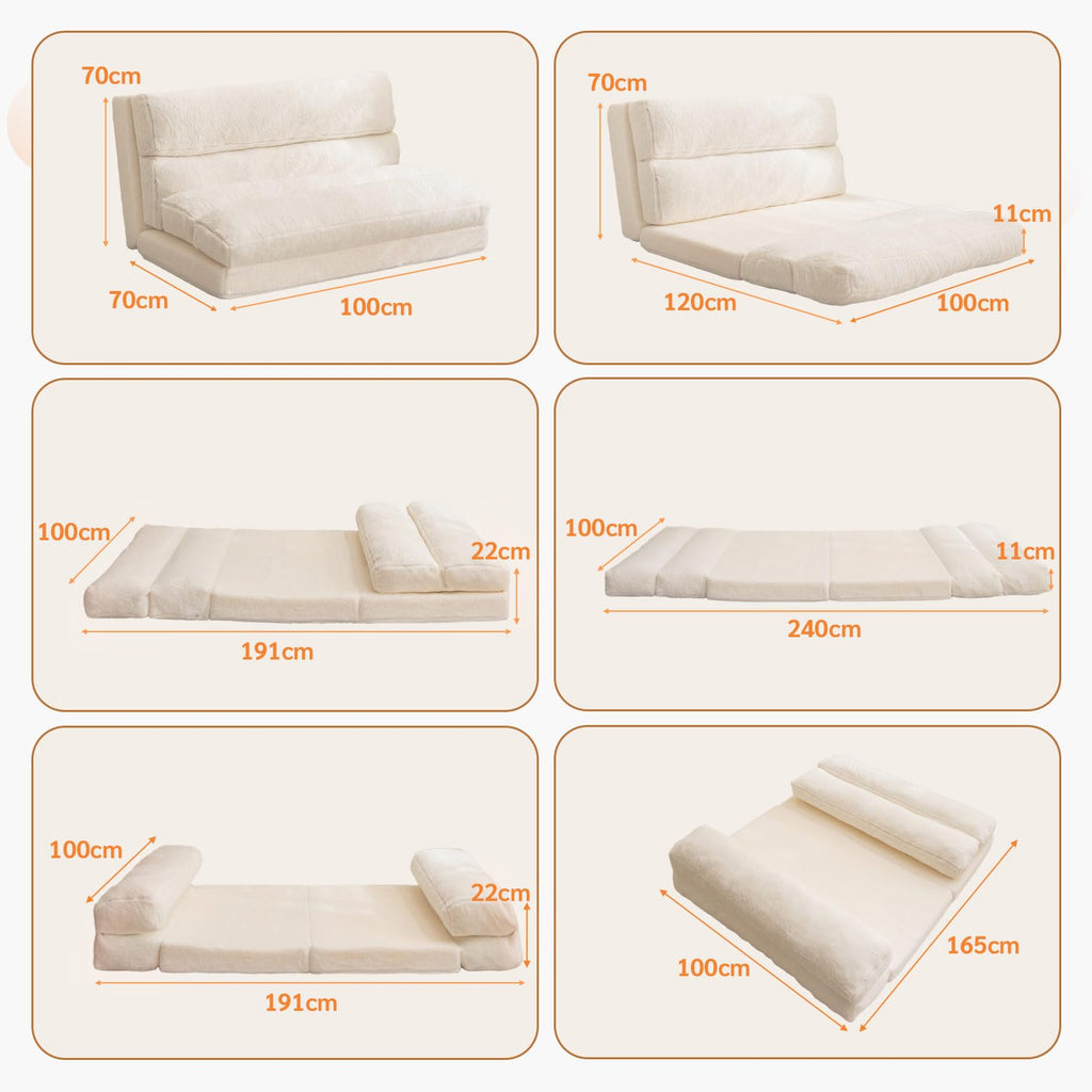 MAXYOYO Bean Bag Bed Folding Sofa Bed Mattress for Adults, Extra Thick 6 Fold Floor Couch for Bedroom Living Room, Beige, 100x240 cm