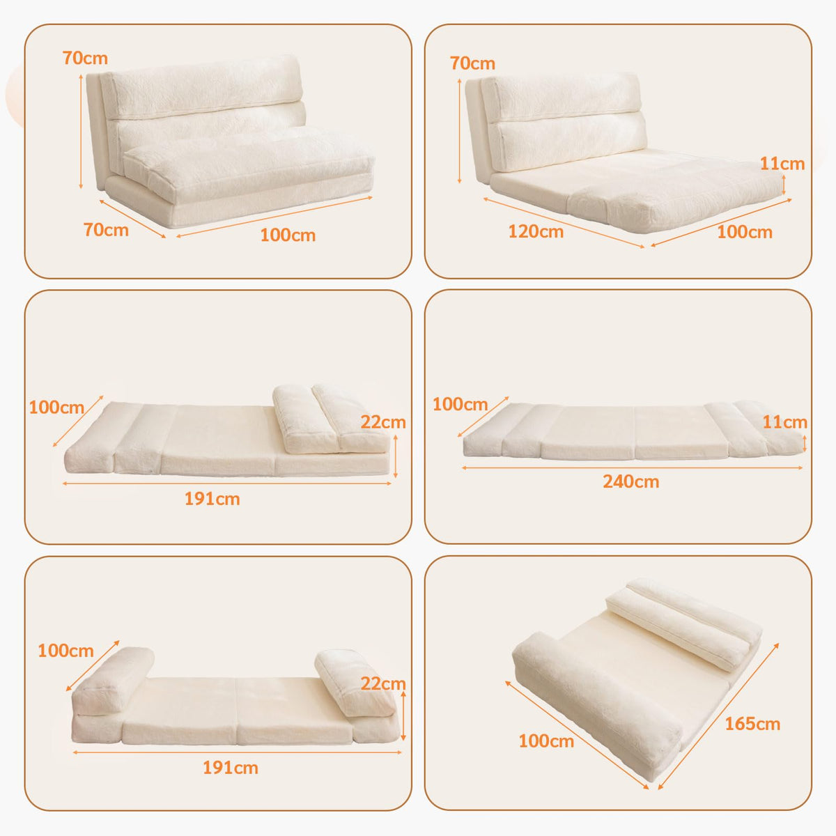 MAXYOYO Bean Bag Bed Folding Sofa Bed Mattress for Adults, Extra Thick 6 Fold Floor Couch for Bedroom Living Room, Beige, 100x240 cm