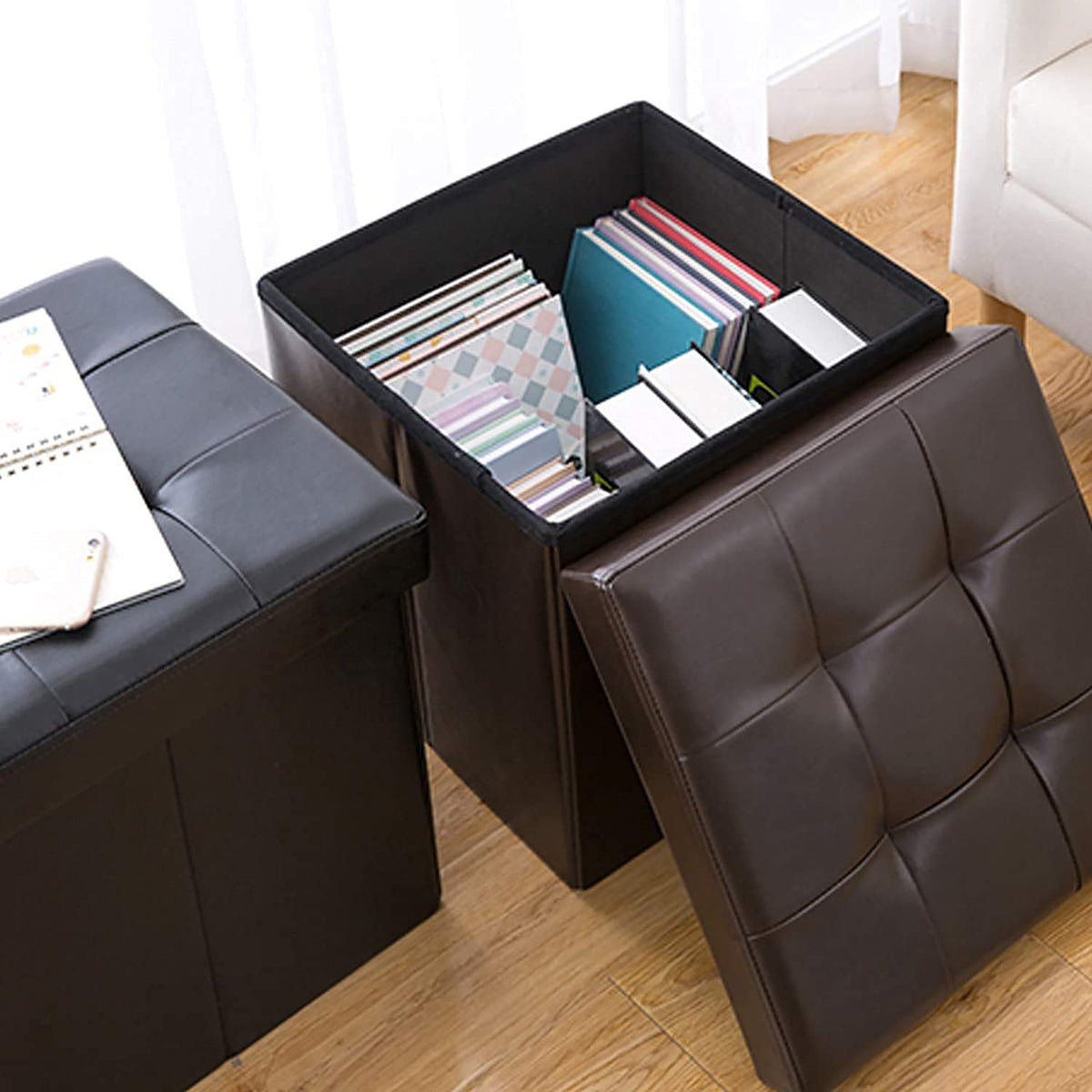 BRIAN & DANY Folding Ottoman Storage Box with Lid, Faux Leather Footstool Toy Storage Box Storage Seat 38 x 38 x 38 cm Brown