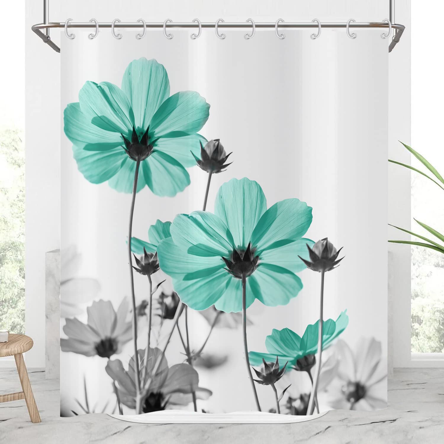 Hnmdmyi Floral Shower Curtain | Teal & Grey Wildflower Waterproof Polyester