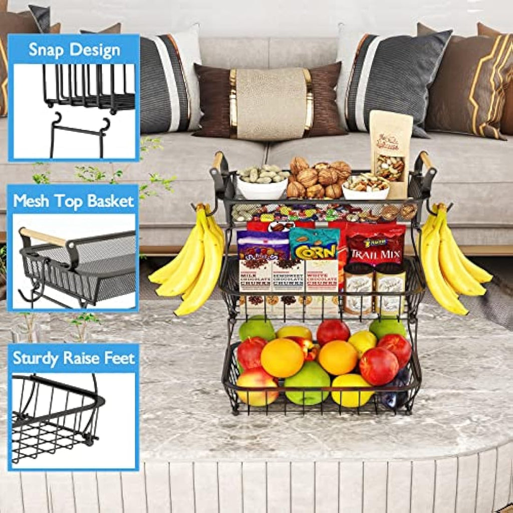 Antopy 3-Tier Fruit Basket with Banana Hangers – Metal Mesh Kitchen Stand