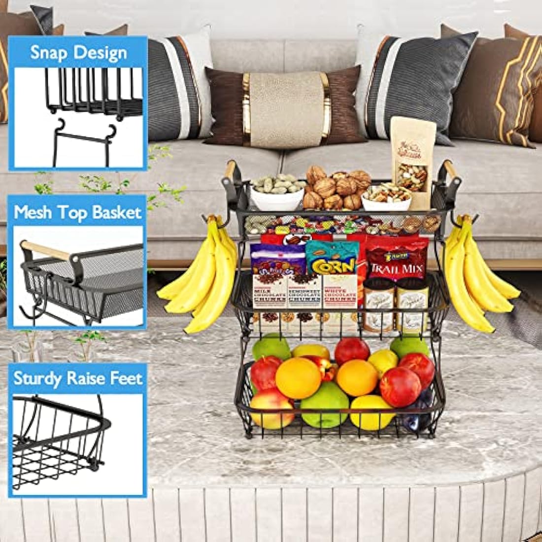 Antopy 3-Tier Fruit Basket with Banana Hangers – Metal Mesh Kitchen Stand