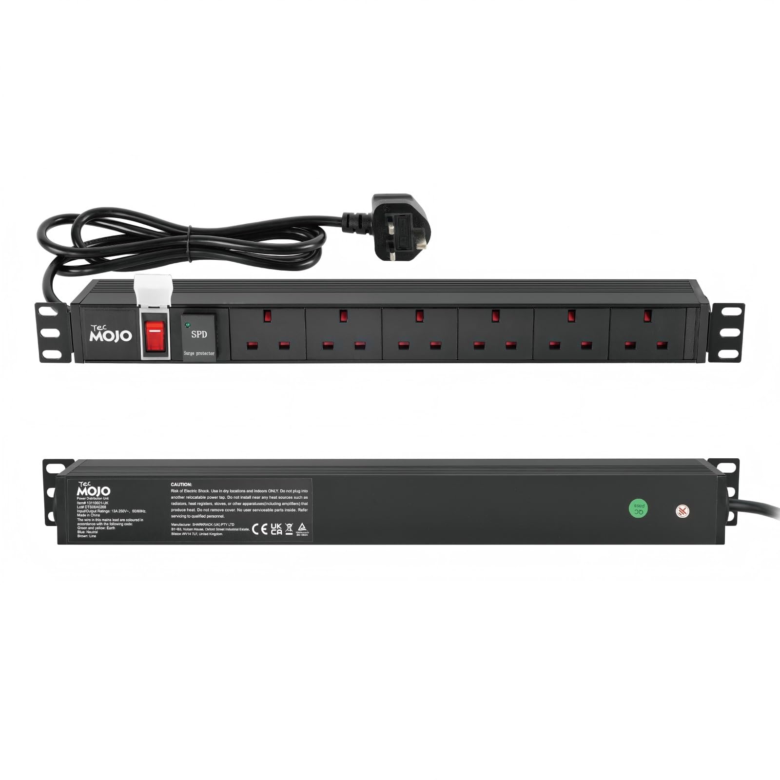 Tecmojo 6-Way 19'' Rack Mount PDU | 13A Switched Surge Protection