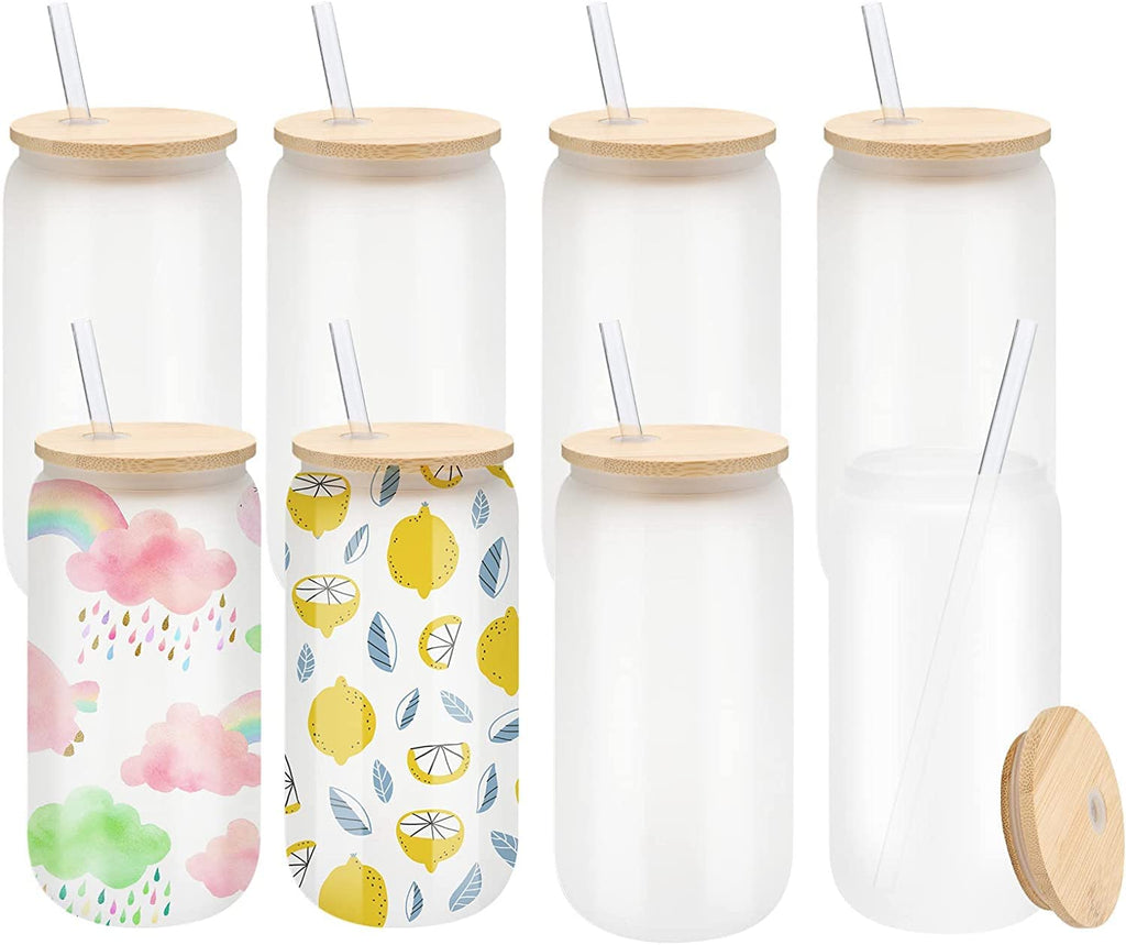 LATERN 8Pcs Frosted Sublimation Glass Cans | 18oz Tumblers with Bamboo Lids