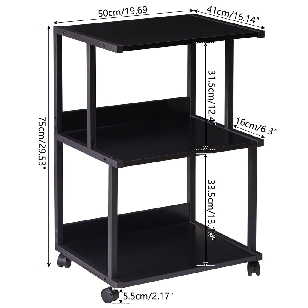 IBUYKE 3-Tier Printer Stand with Storage | Rolling Office Cart – Black