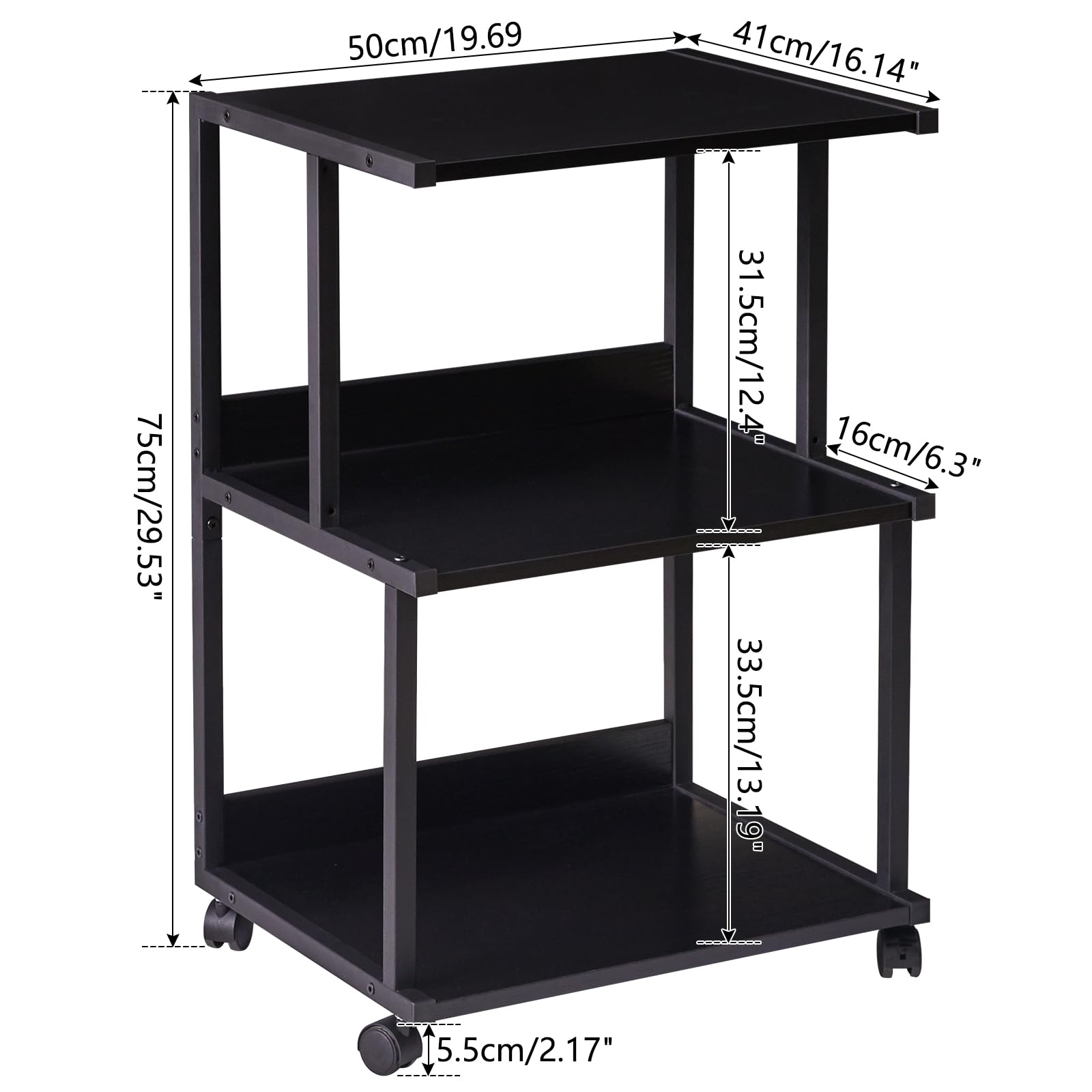 IBUYKE 3-Tier Printer Stand with Storage | Rolling Office Cart – Black