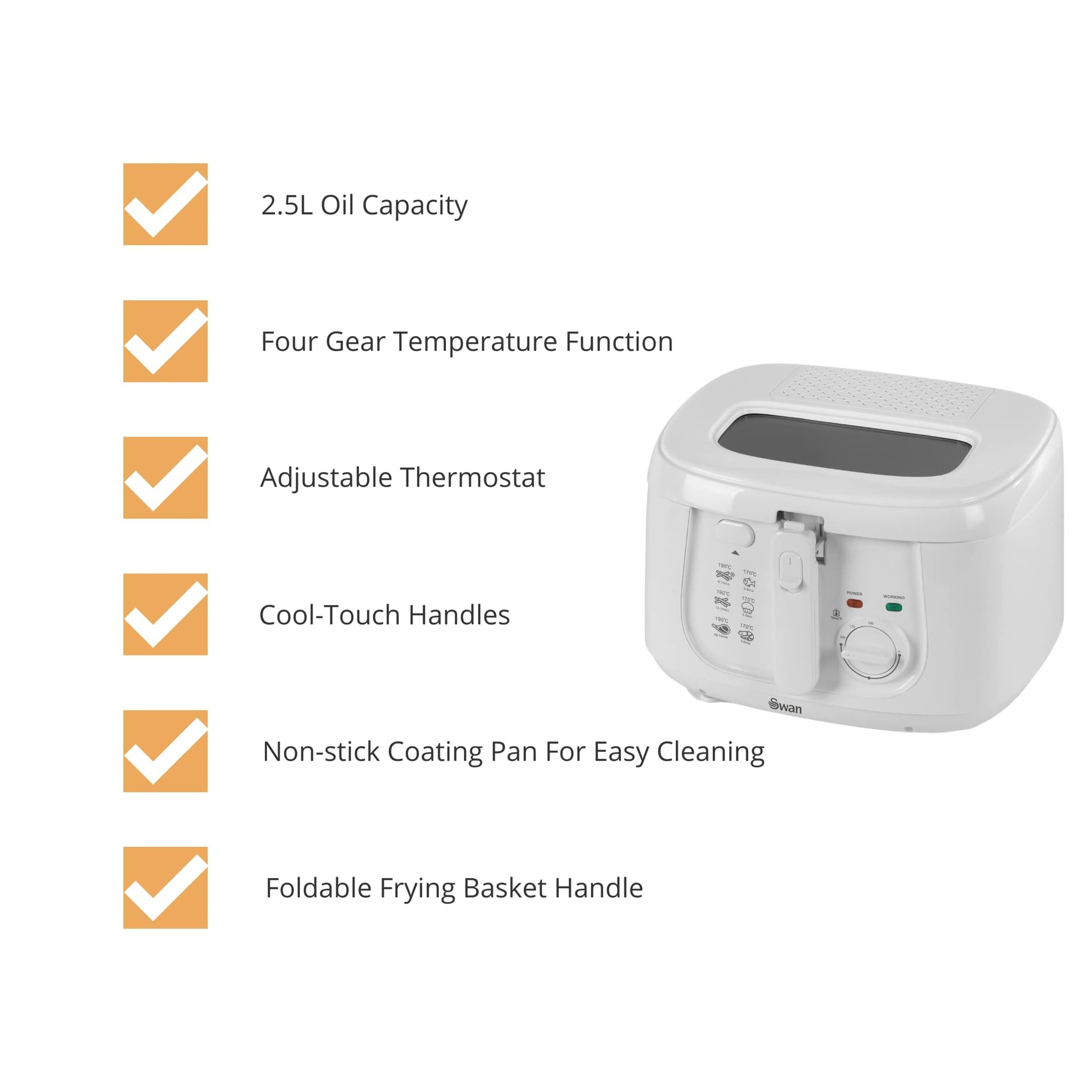 Swan 2.5L Deep Fat Fryer | 1800W Electric Square Fryer with Viewing Window