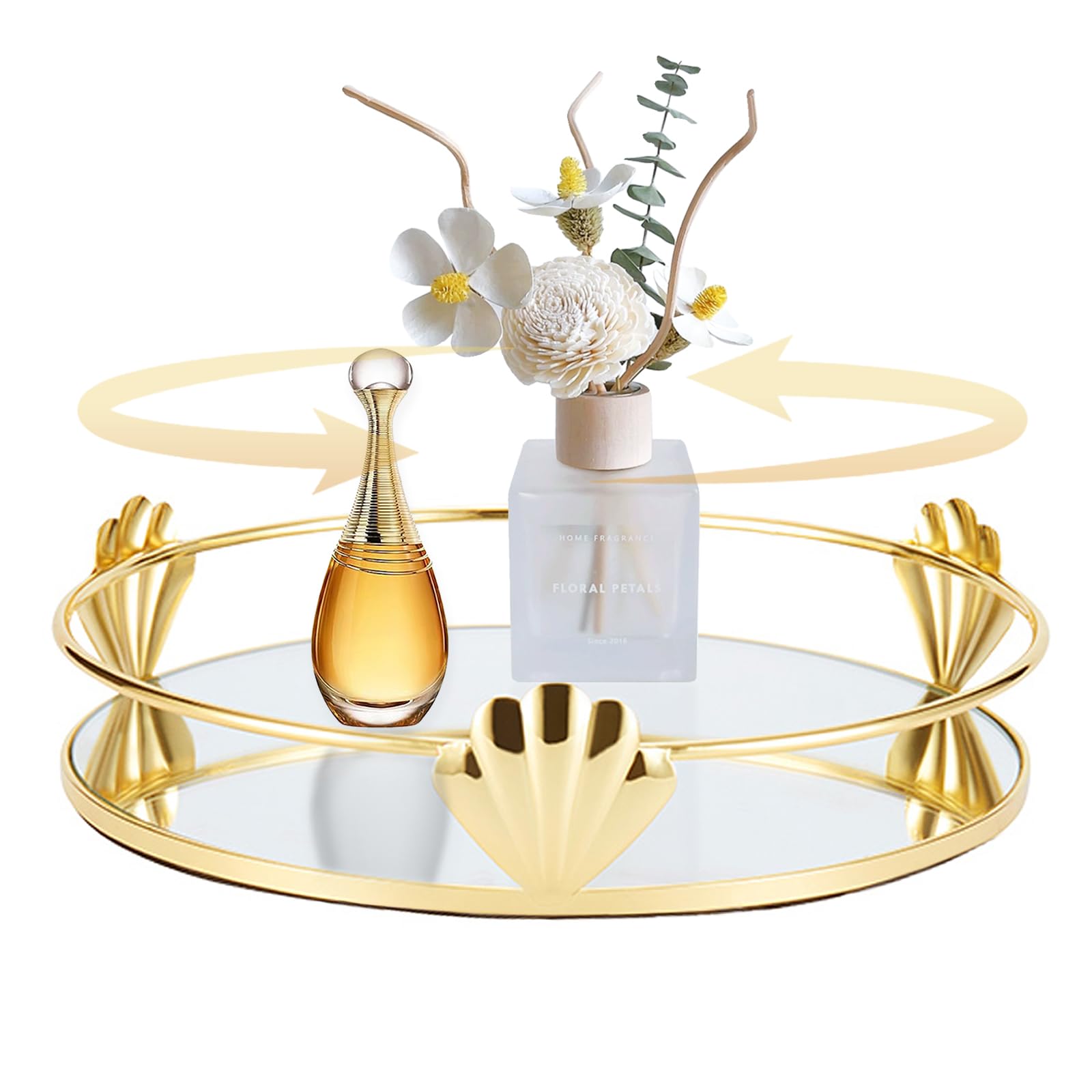 SLHEQING Rotating Perfume Organiser – Gold Mirror Makeup Vanity Tray