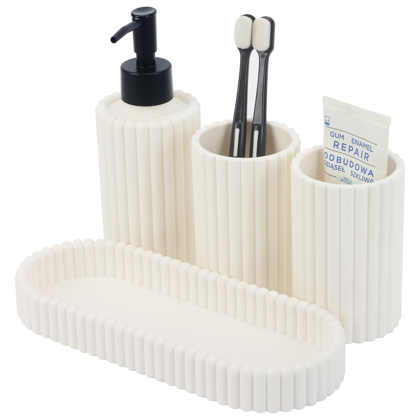 Topsky 4-Piece Bathroom Accessories Set | Ribbed ABS Vanity Organizer