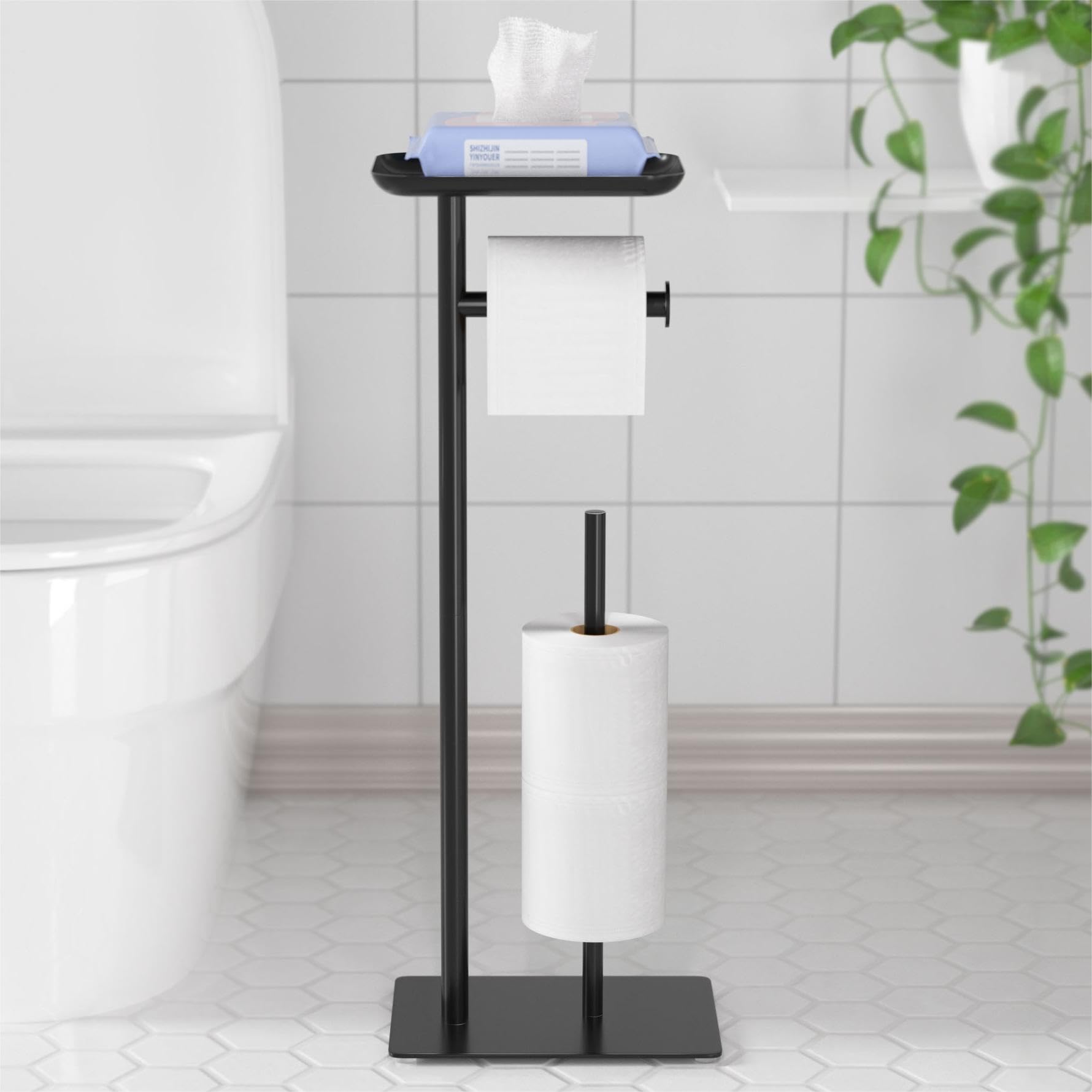 Black Toilet Paper Holder Stand with Storage Shelf & 4 Roll Reserve