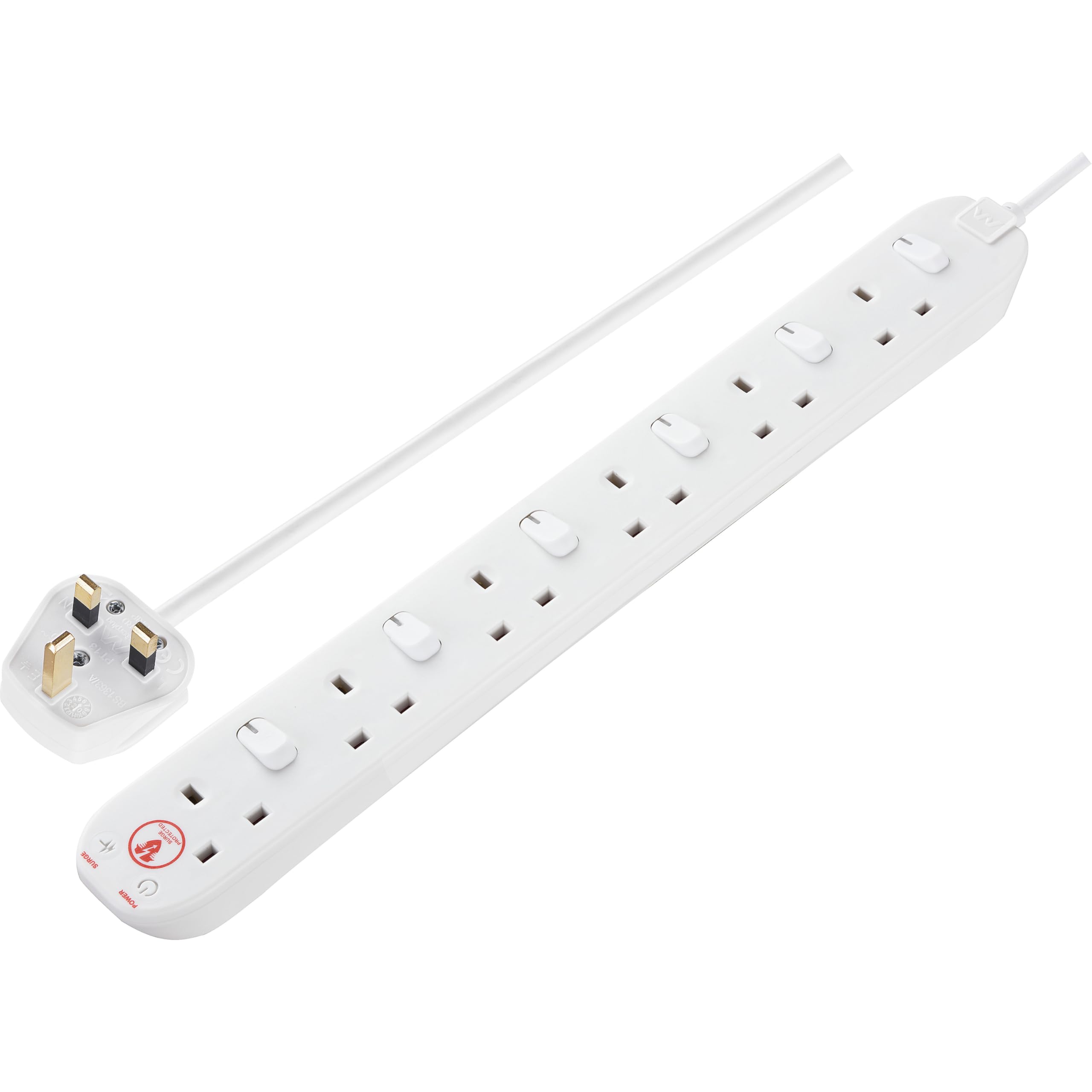 Masterplug 6-Way Surge Protected Extension Lead | 2m Cable, White