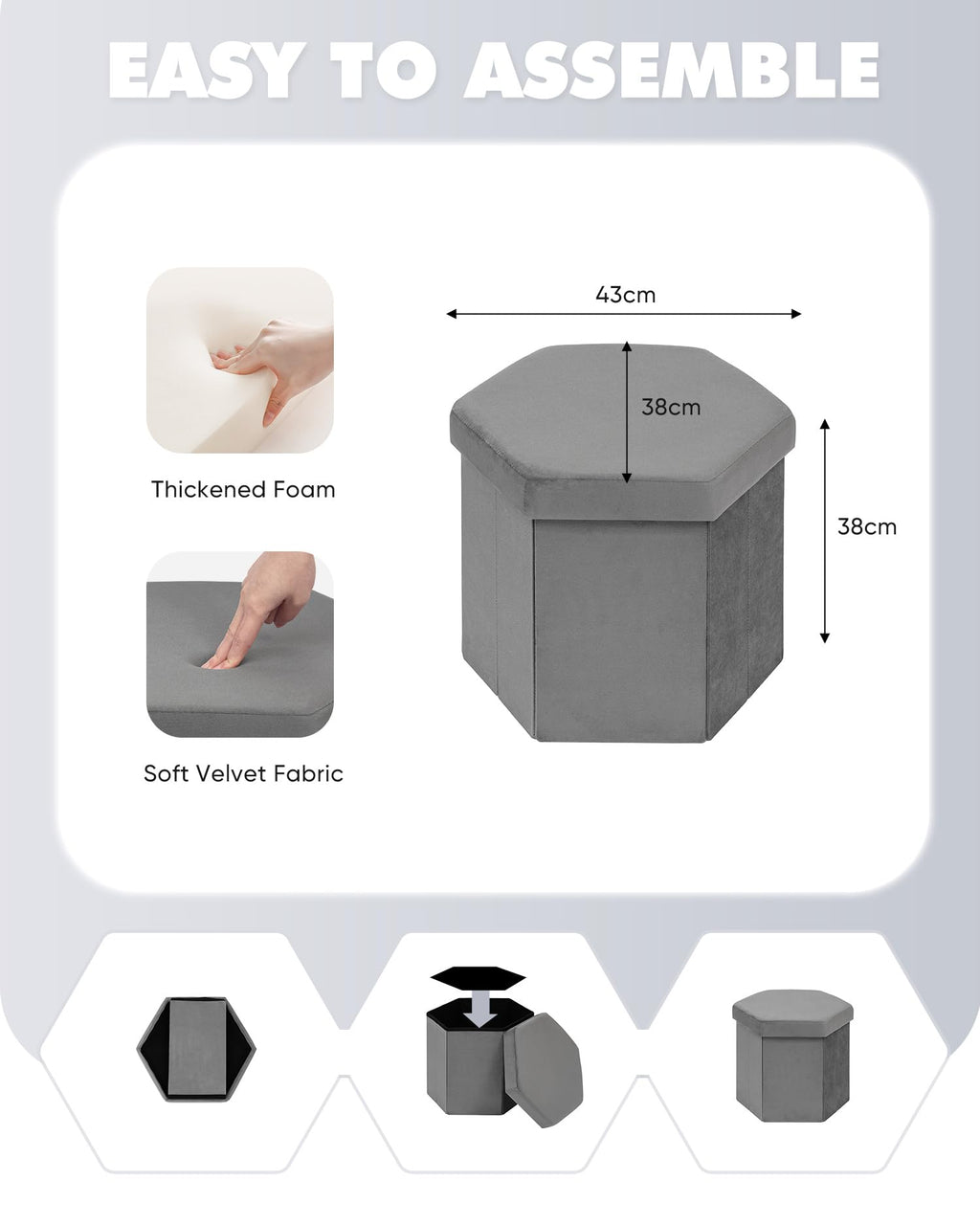Bonlife Folding Storage Ottoman Hexagonal, Footrest with Toy Ches Box, 43cm - image 2
