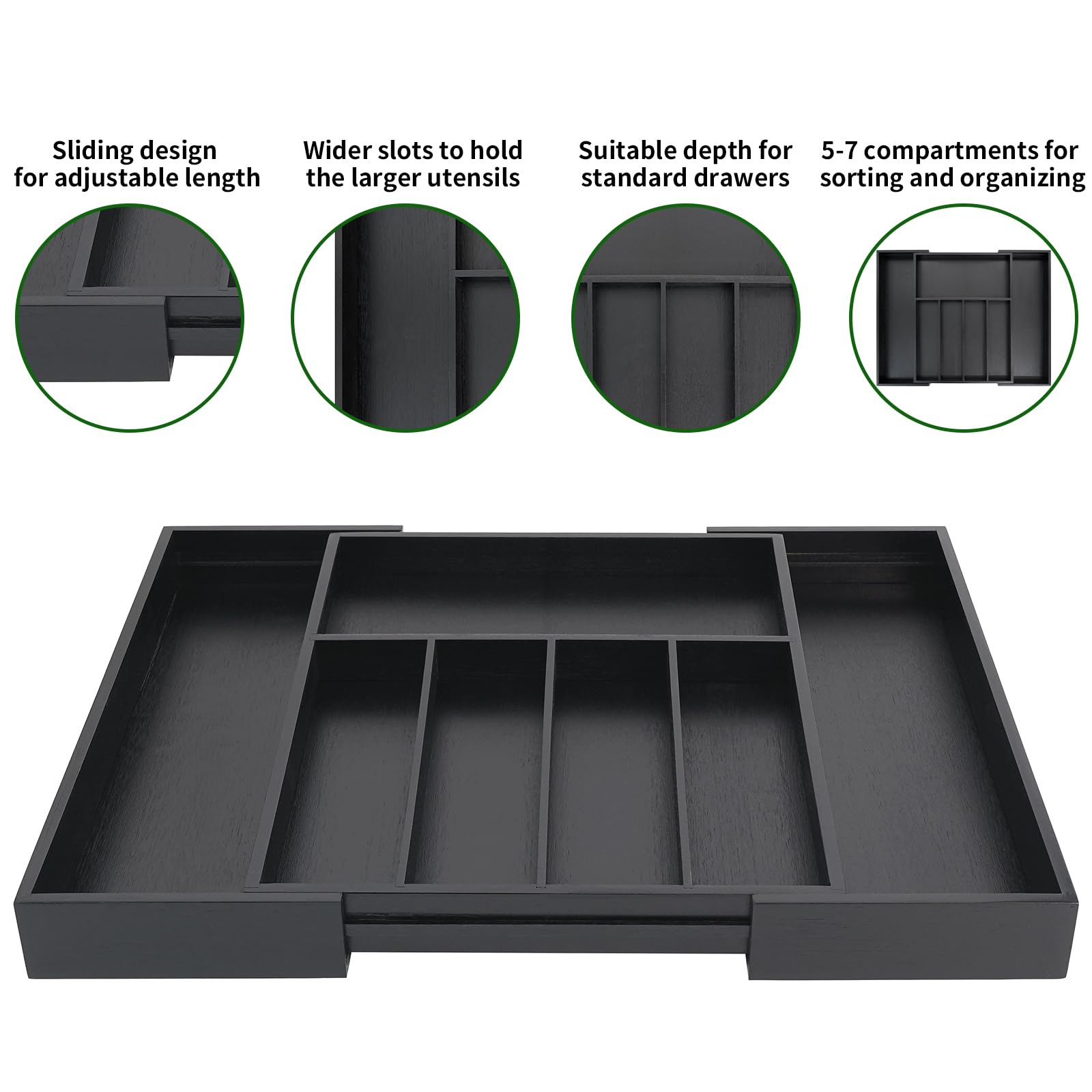 VaeFae Expandable Bamboo Drawer Organizer | 5-7 Slot Cutlery Tray - Black