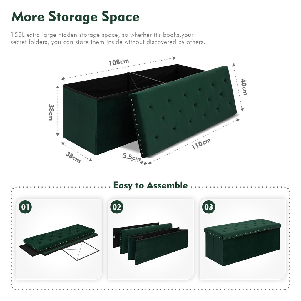 Bonlife Velvet Folding Storage Ottoman Bench – Dark Green, 110cm