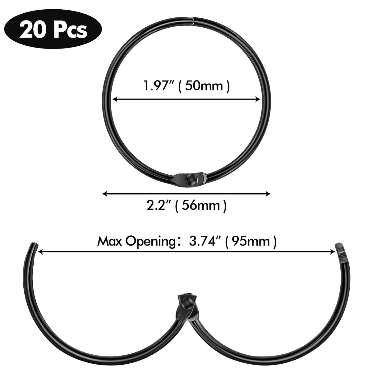 Lunhoo 20-Pack 50 mm Shower Curtain Rings, Shower Curtain Hooks, Multi-Purpose Round Clips, Large Metal Binder Ring, Key Ring Black - image 4