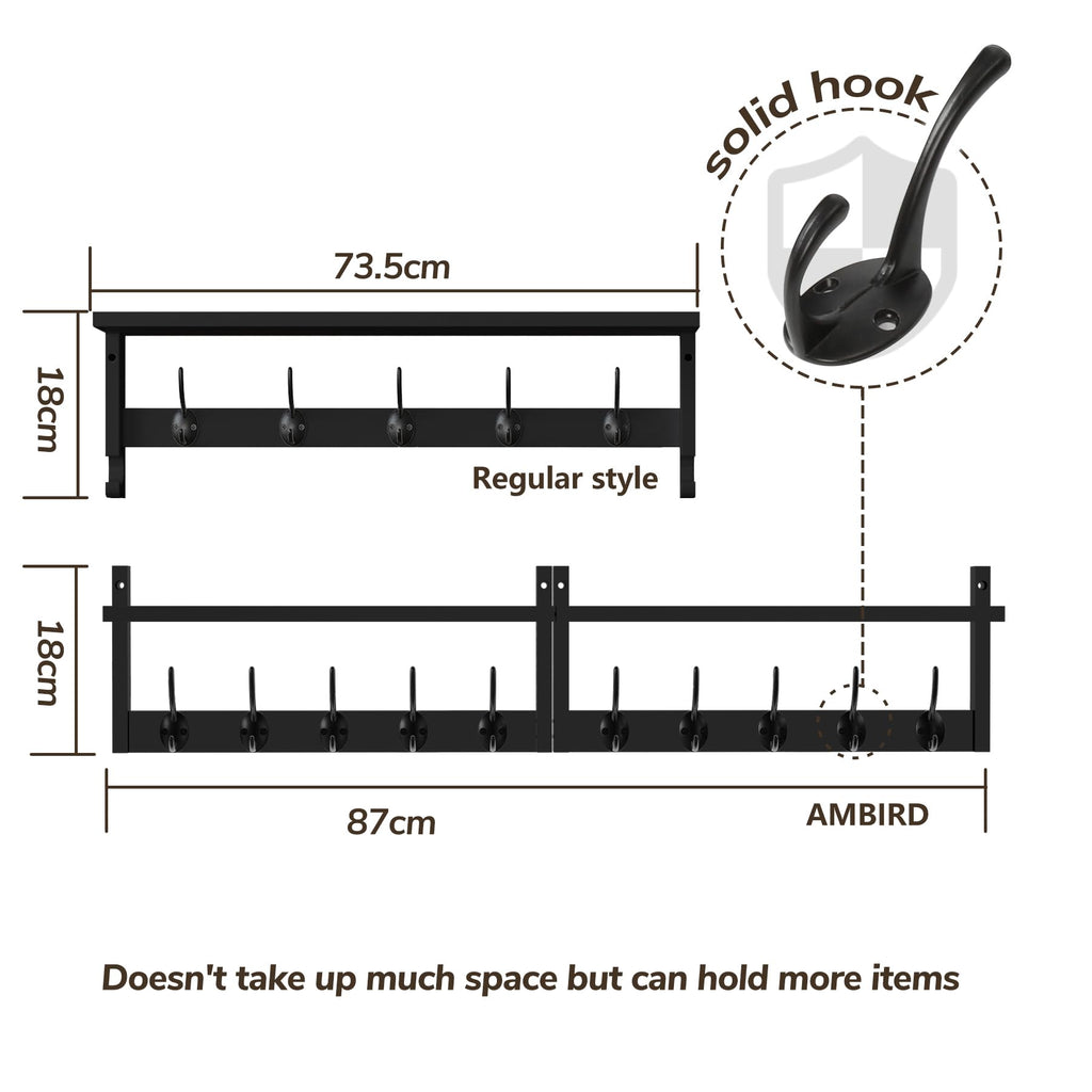 AMBIRD 87cm Extra Wooden Wall Coat Rack with Shelf - Elegant and Functional Wall-Mounted Storage Solution with 10 Hooks for Coats, Hats, Keys - image 5