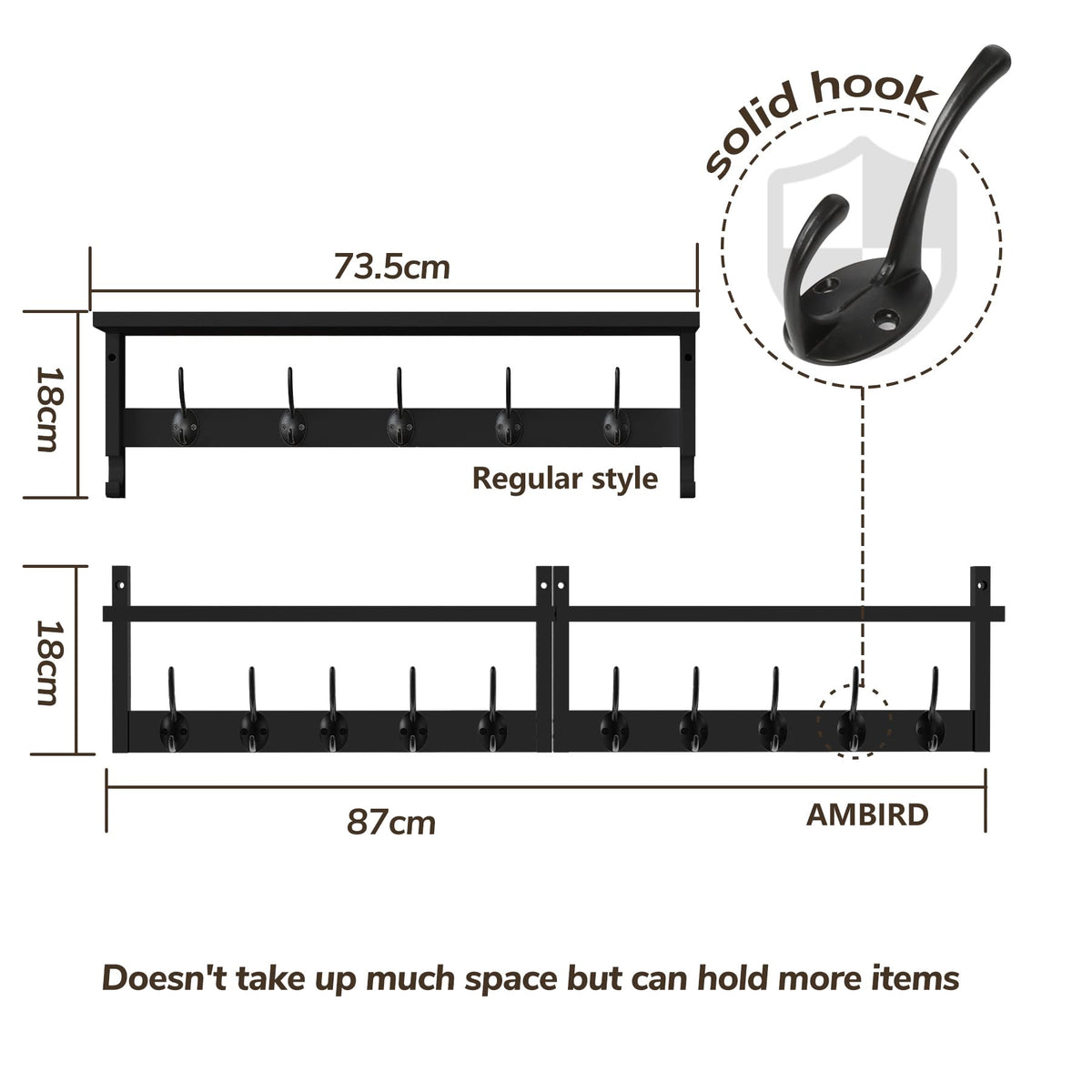 AMBIRD 87cm Extra Wooden Wall Coat Rack with Shelf - Elegant and Functional Wall-Mounted Storage Solution with 10 Hooks for Coats, Hats, Keys - image 5
