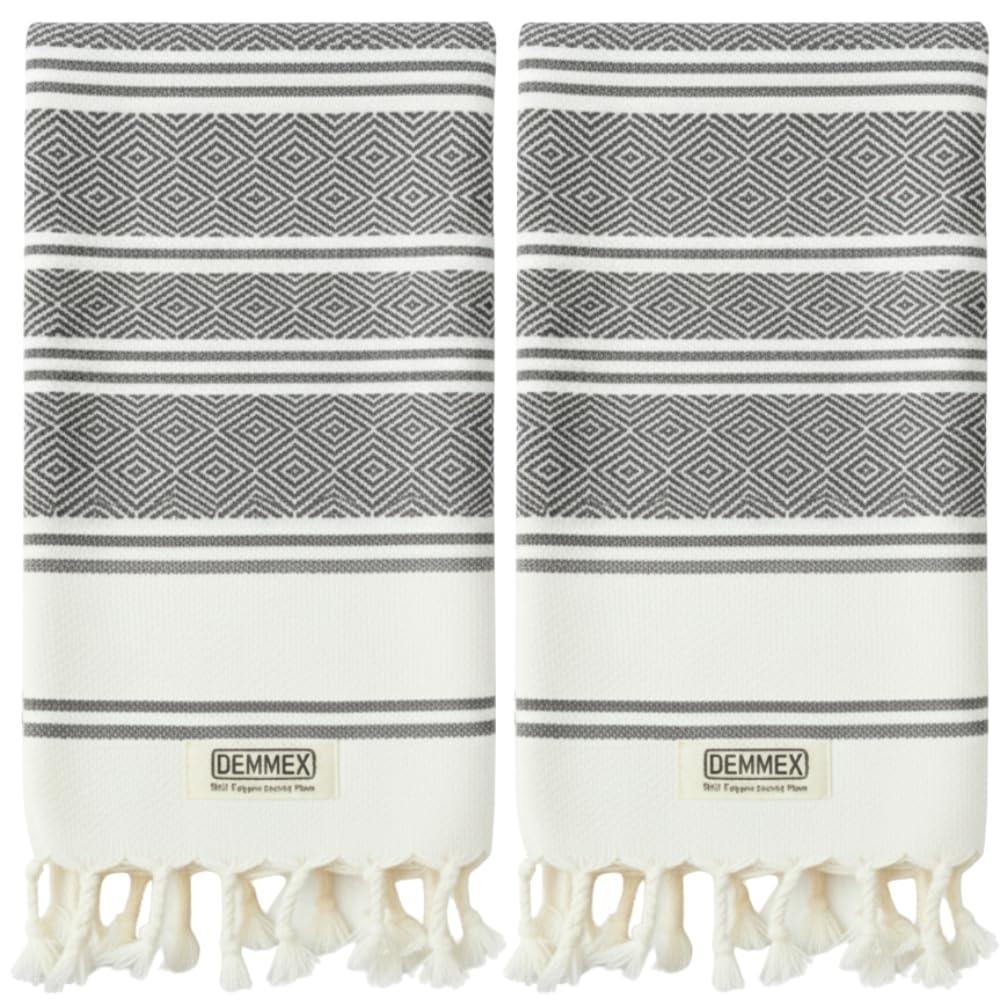 DEMMEX Organic Turkish Cotton Hand Towels - Set of 2 Diamond Weave Dark Grey