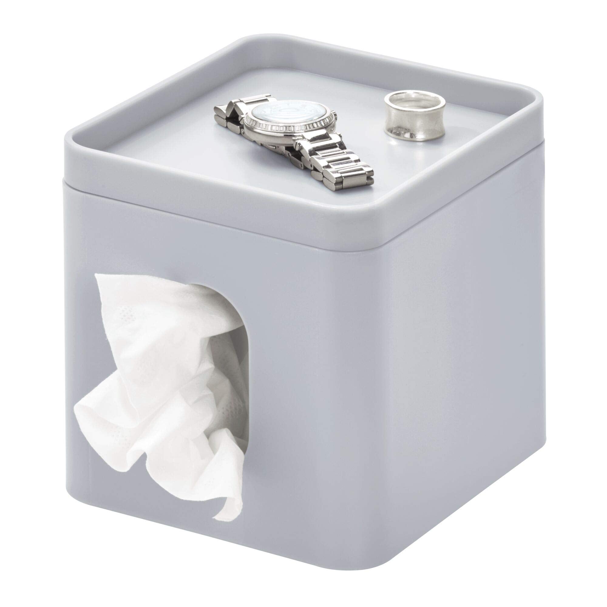iDesign Plastic Tissue Box Cover with Makeup Tray – Grey Vanity Holder