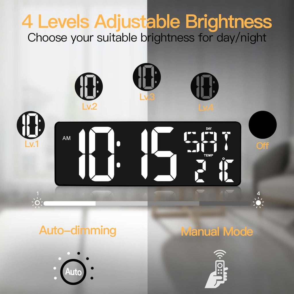XREXS 16.5 Inch Large Digital Wall Clock – Auto-Dimming LED Timer with Remote