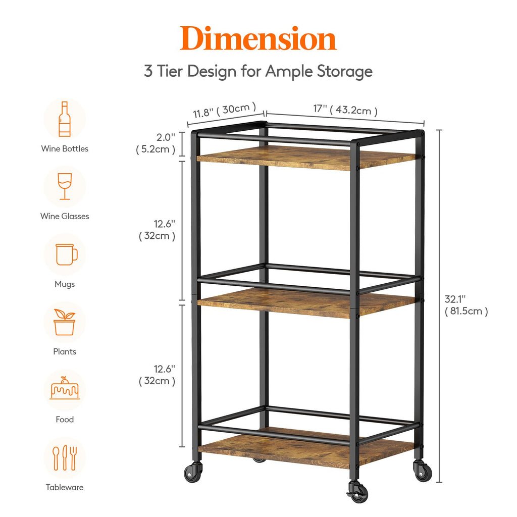 Lifewit 3-Tier Rolling Bar Cart | Rustic Brown Metal Serving Trolley