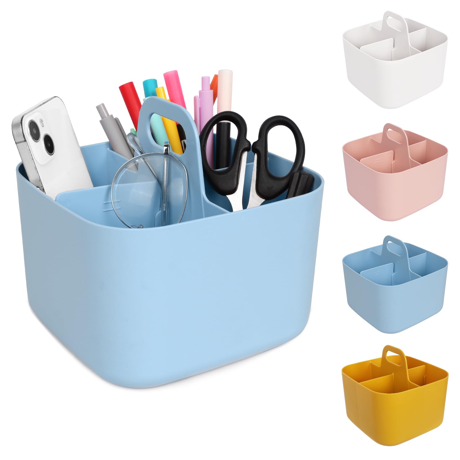Minicoco Stackable Desk Organiser – 4 Compartment Plastic Caddy (Blue)