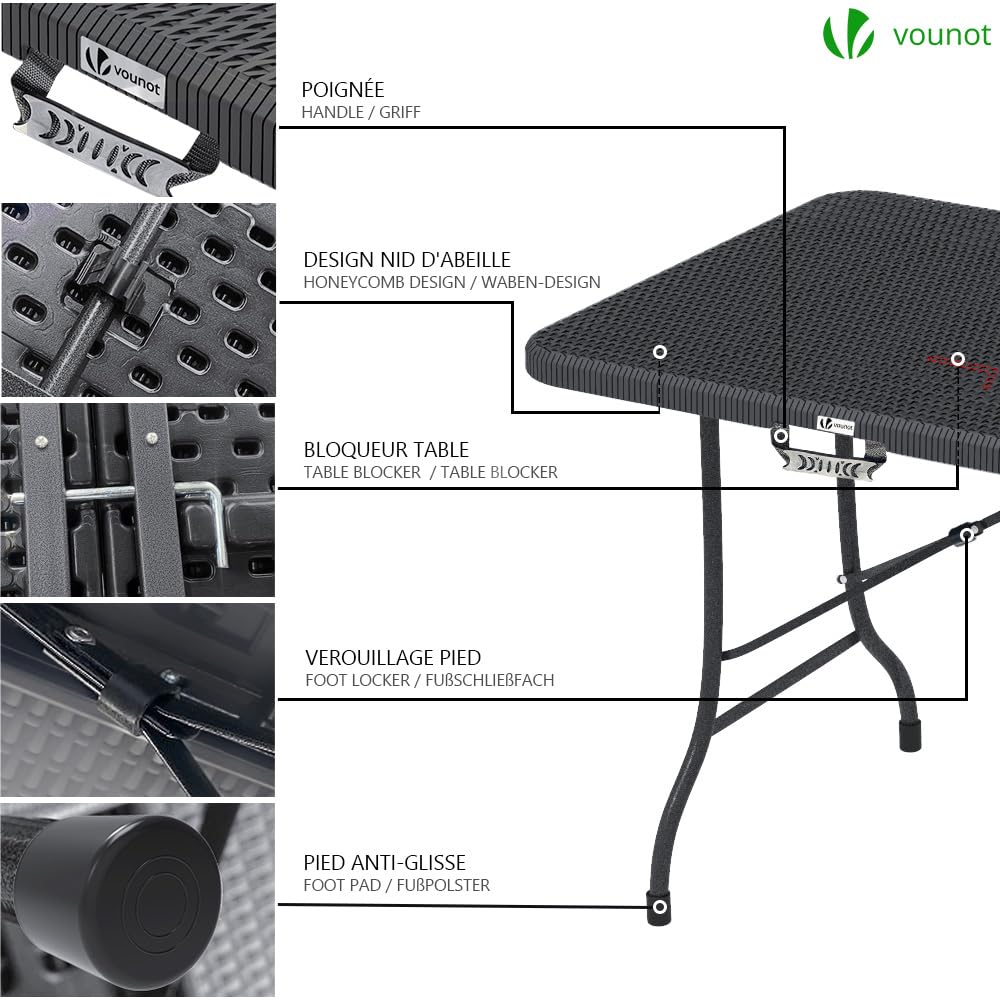 VOUNOT Folding Picnic Table – 180cm Rattan Look Portable Trestle Table